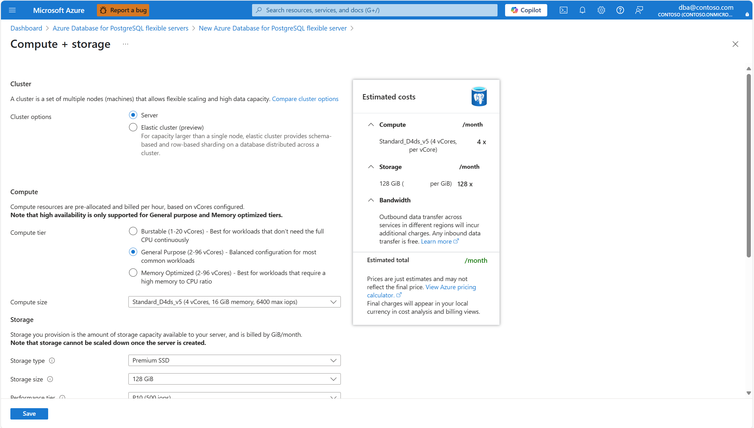Screenshot that shows the Compute + storage page where you can configure compute and storage of your server.