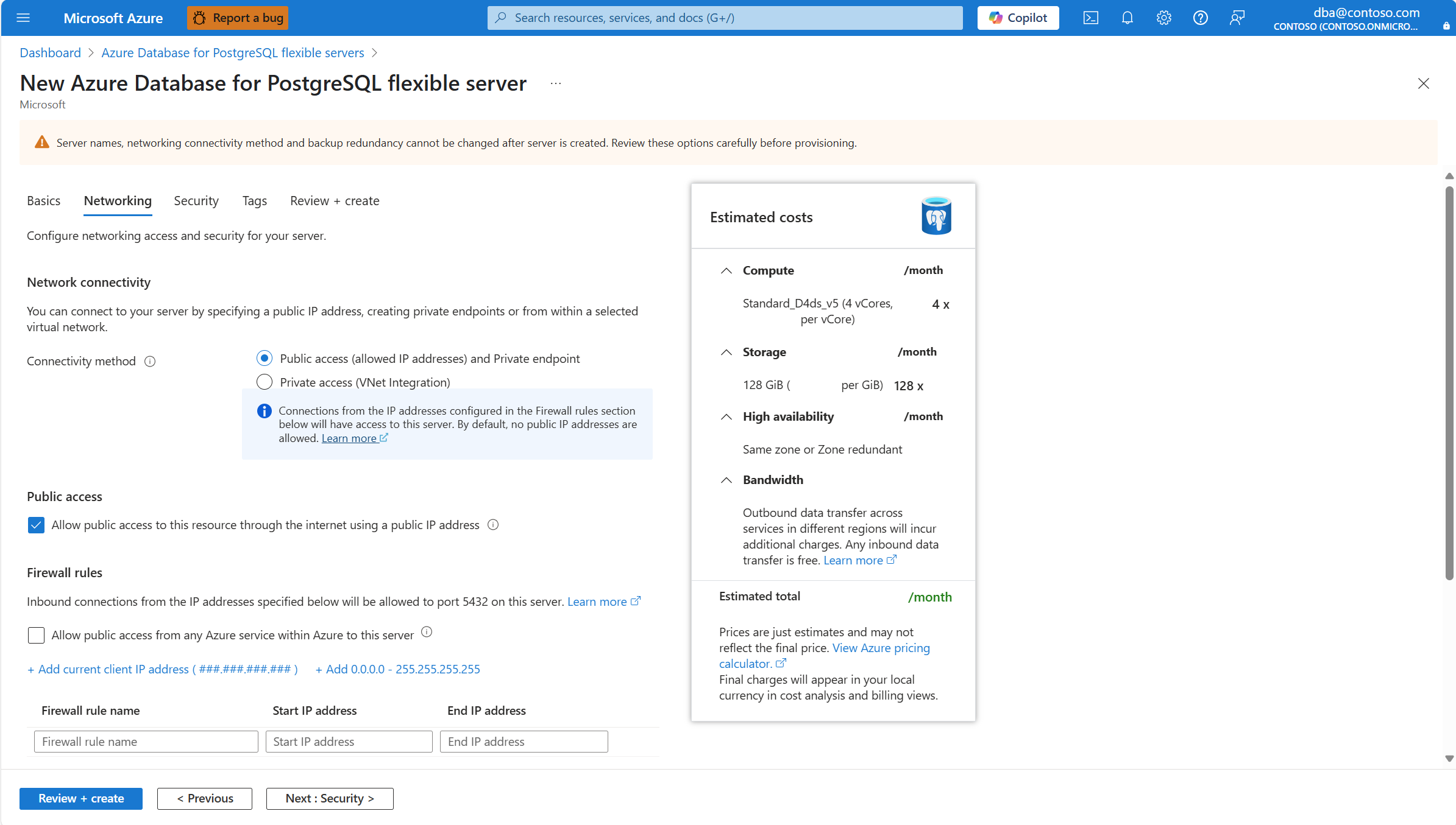 Screenshot that shows the Networking tab of the New Azure Database for PostgreSQL wizard to create a new instance.