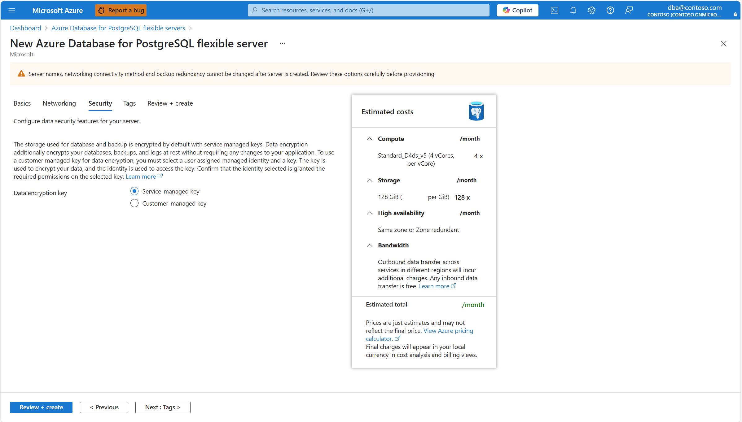 Screenshot that shows the Security tab of the New Azure Database for PostgreSQL wizard to create a new instance.