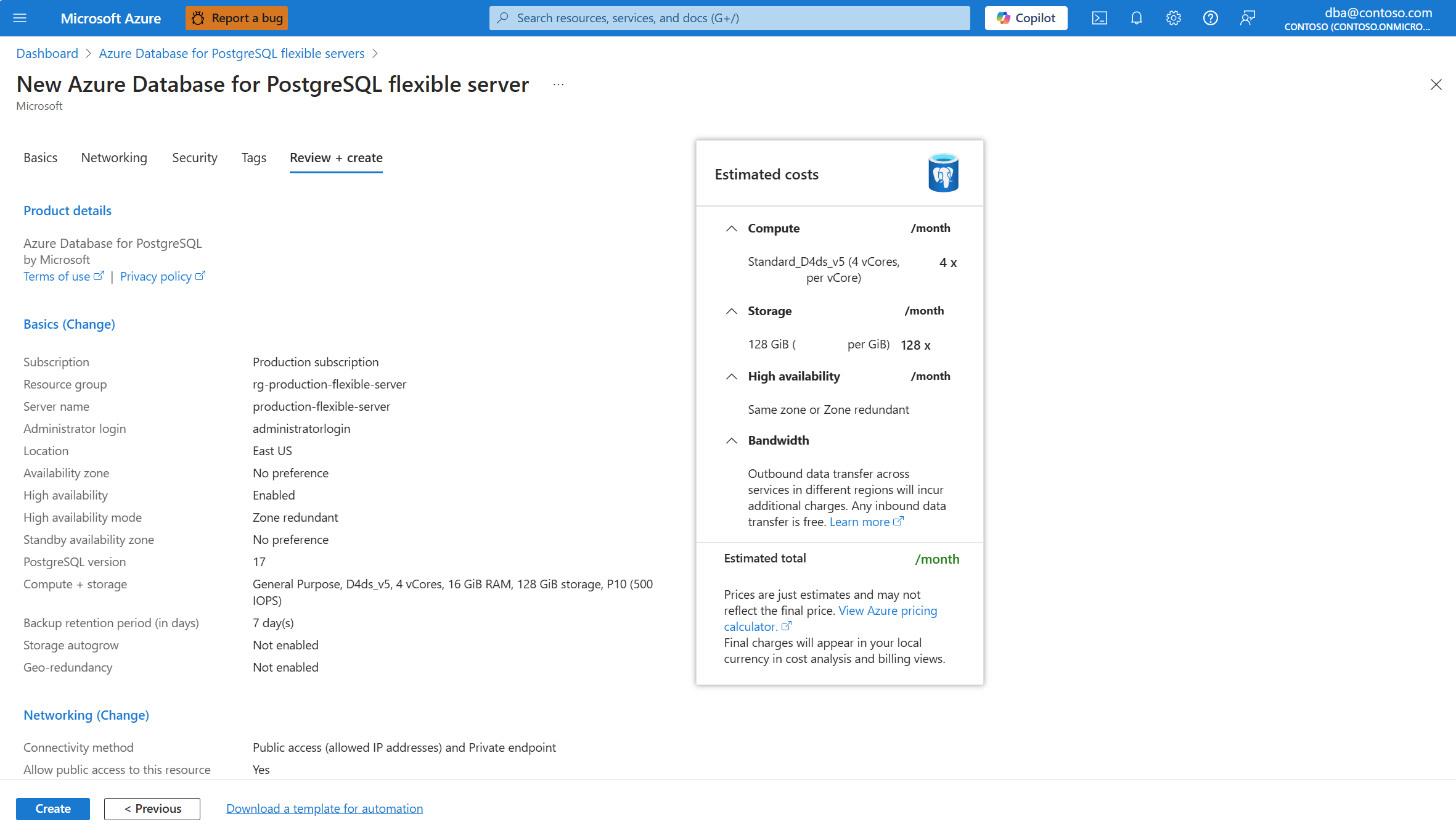 Screenshot that shows the highlights the Create button in the Review + create tab of the New Azure Database for PostgreSQL wizard to create a new instance.
