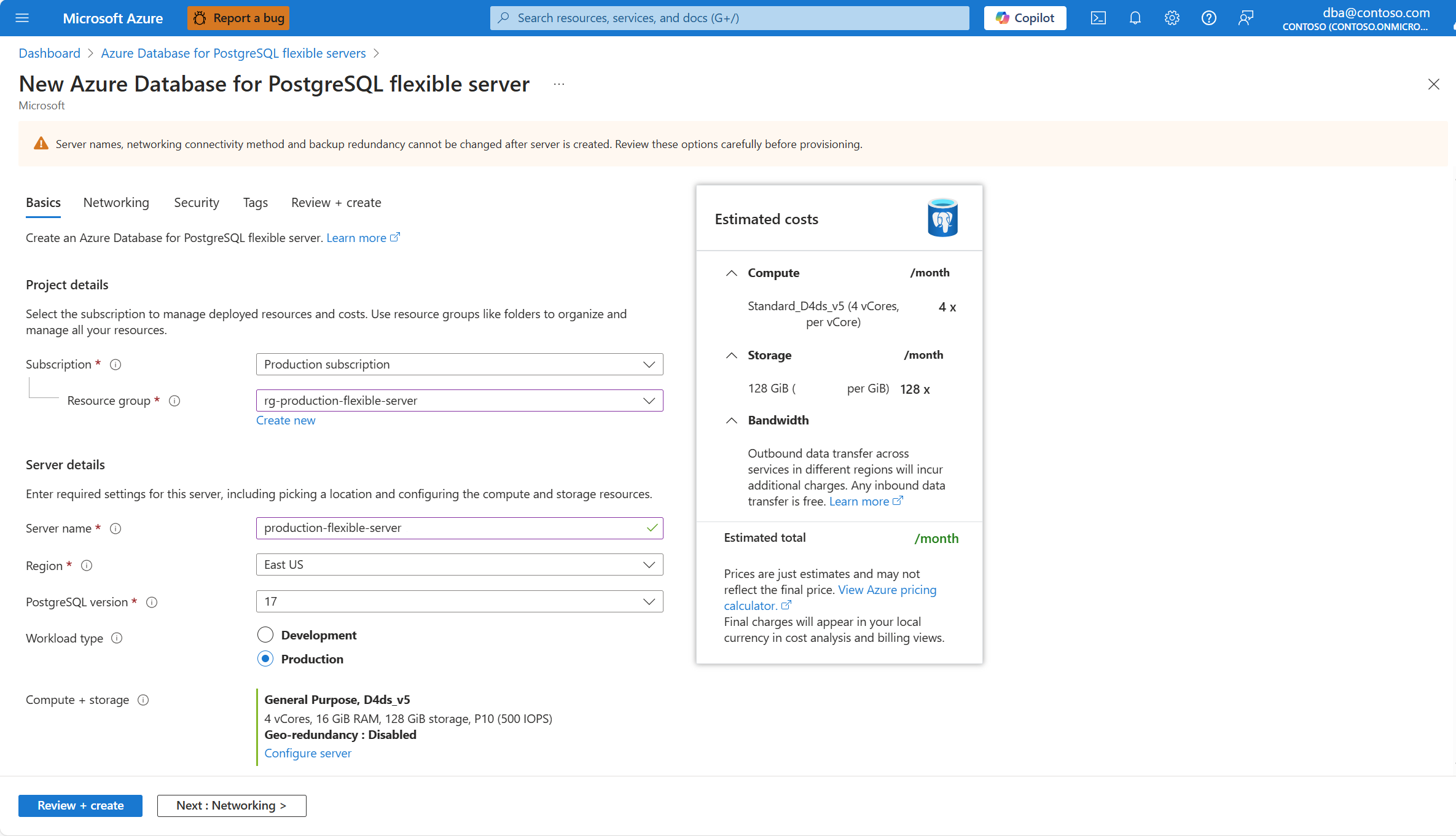 Screenshot that shows the highlights the Next: Networking button in the Basics tab of the New Azure Database for PostgreSQL wizard to create a new instance.
