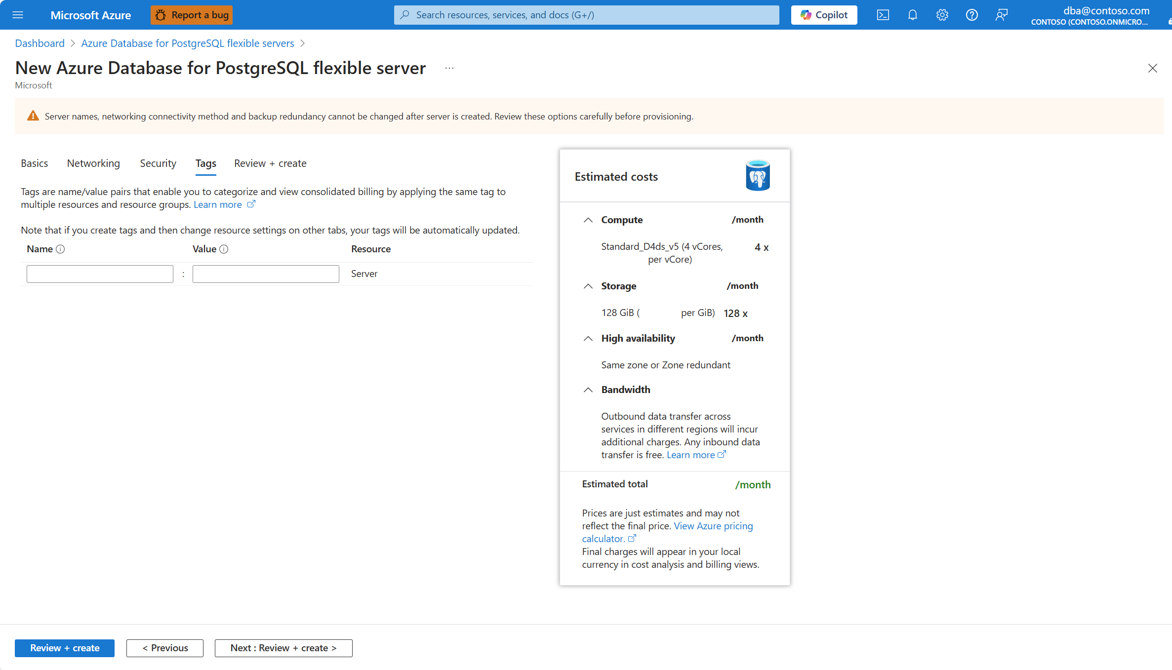 Screenshot that shows the highlights the Next: Review + create button in the Tags tab of the New Azure Database for PostgreSQL wizard to create a new instance.