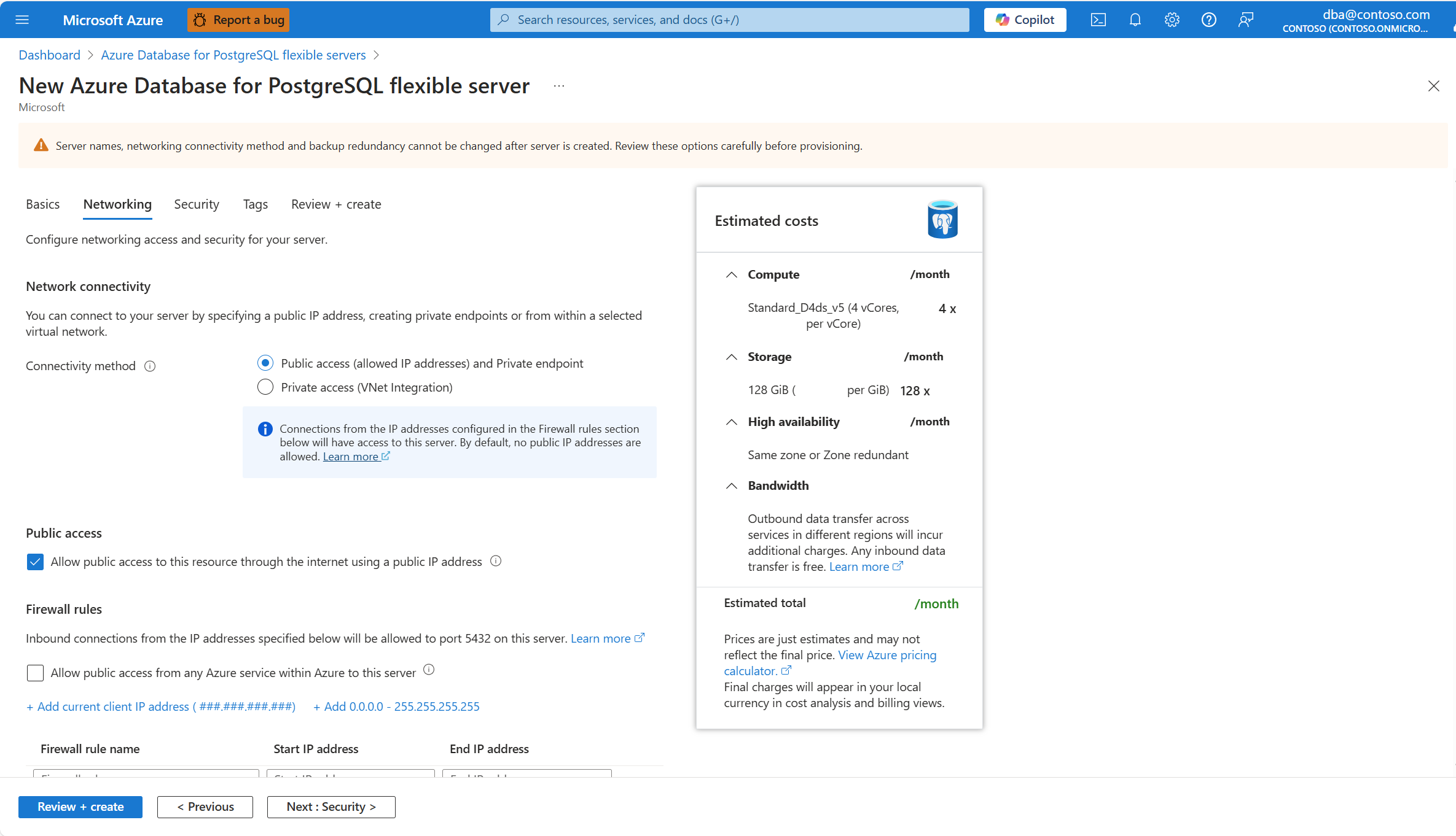 Screenshot that shows the highlights the Next: Security button in the Networking tab of the New Azure Database for PostgreSQL wizard to create a new instance.