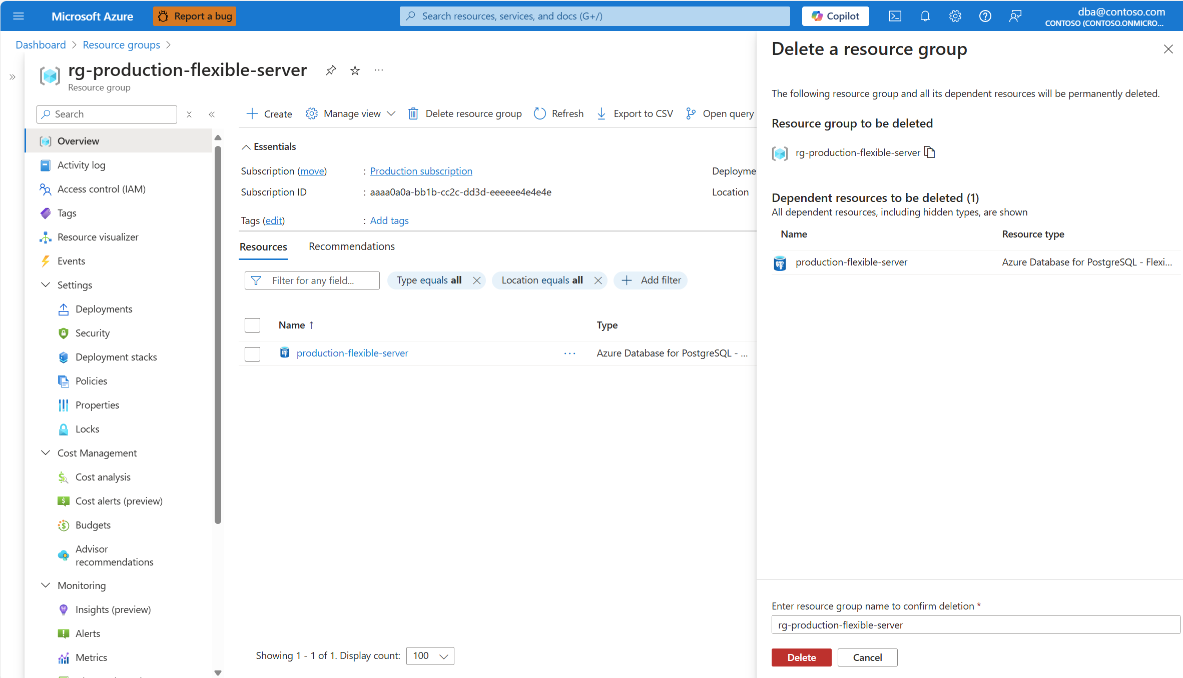 Screenshot that shows how to confirm the deletion of one resource group.