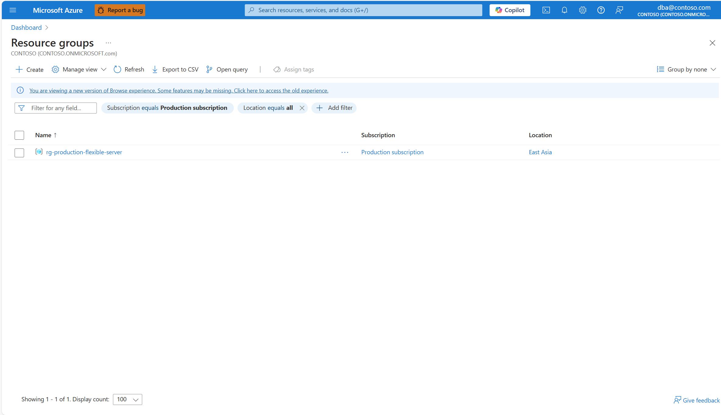 Screenshot that shows how to select one resource group.