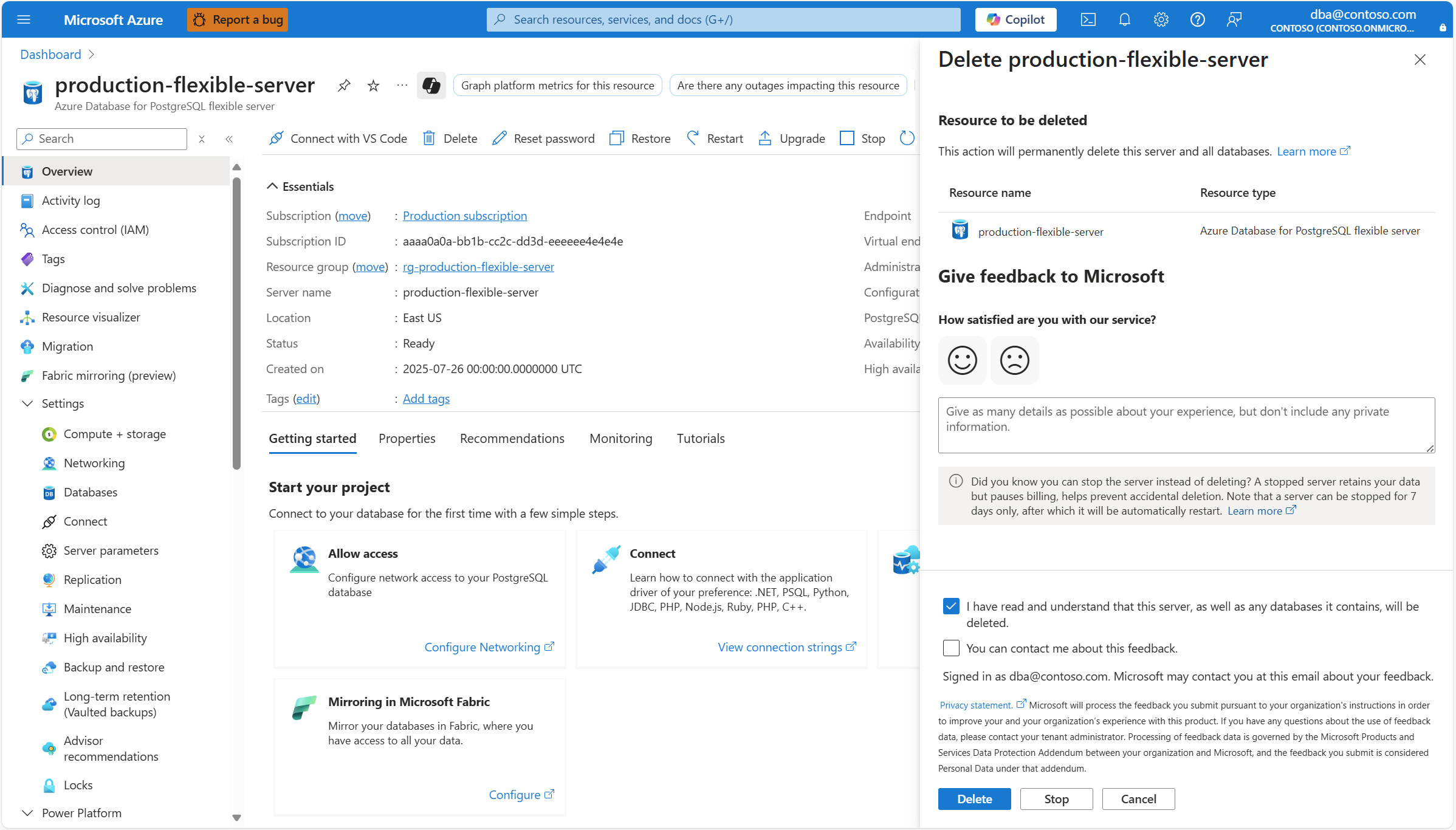 Screenshot that shows the Delete button in the Delete server pane.
