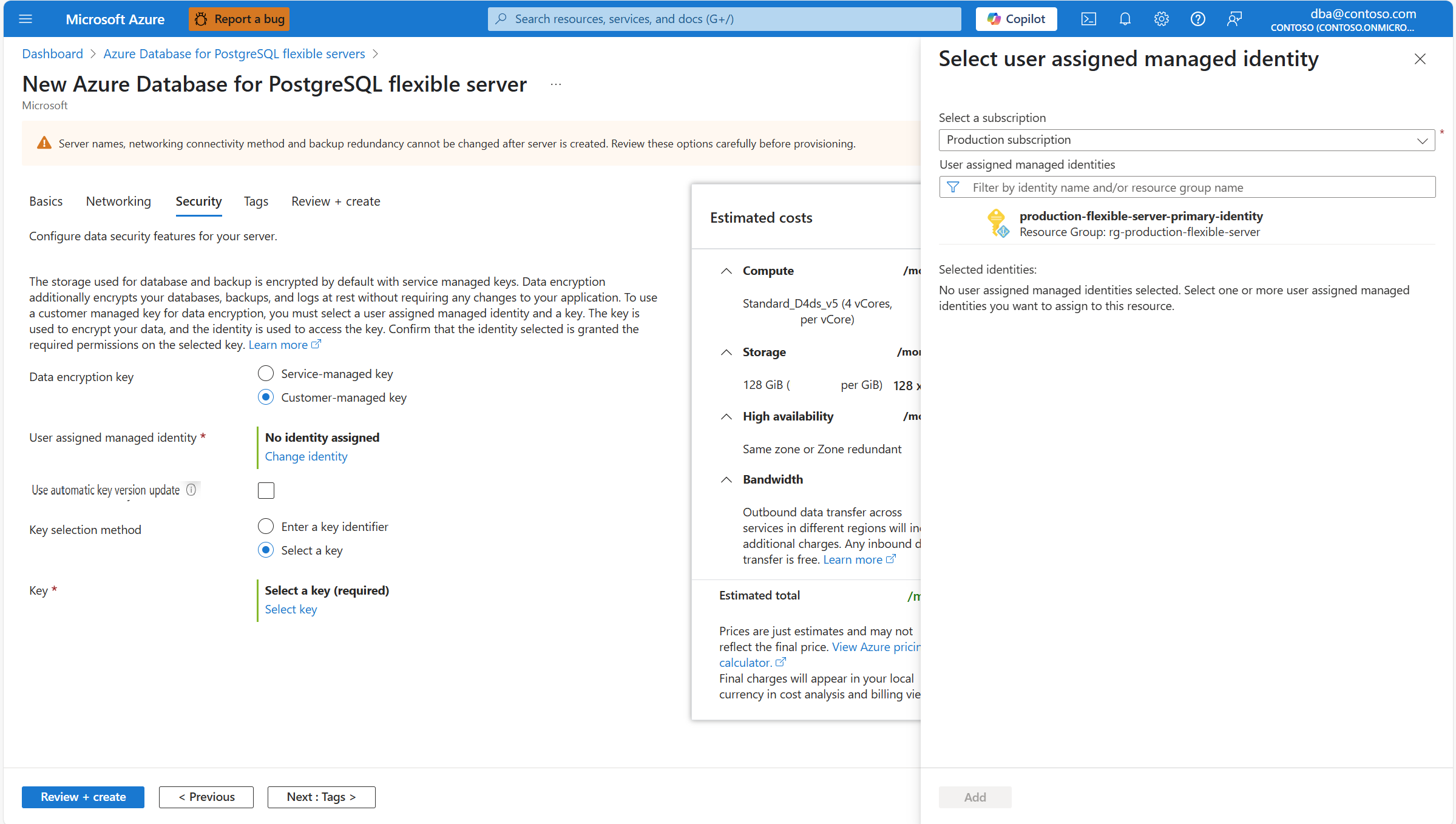 Screenshot that shows how to select the user assigned managed identity to access the data encryption key for the data of the server location.