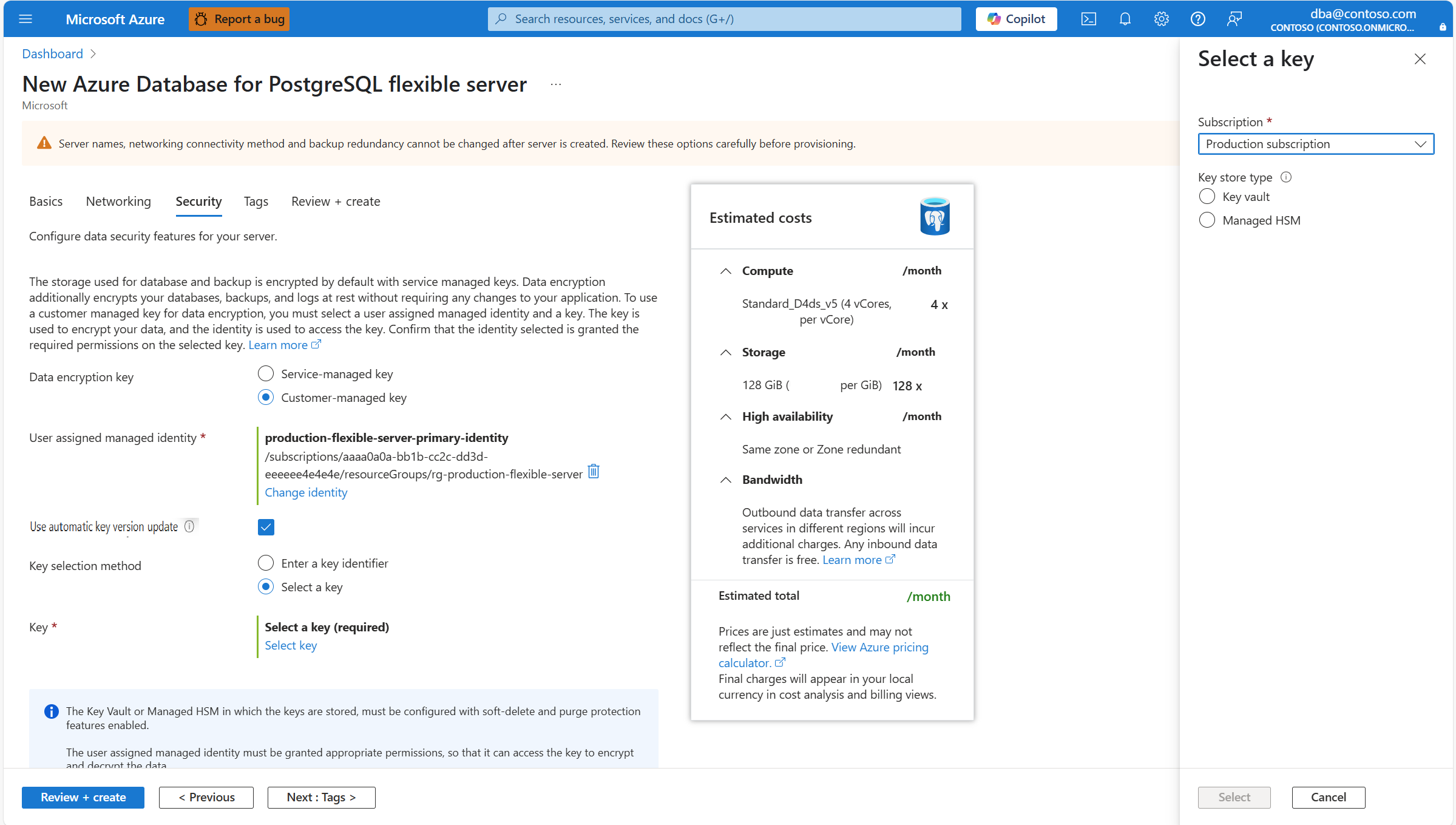 Screenshot that shows how to select a data encryption key.