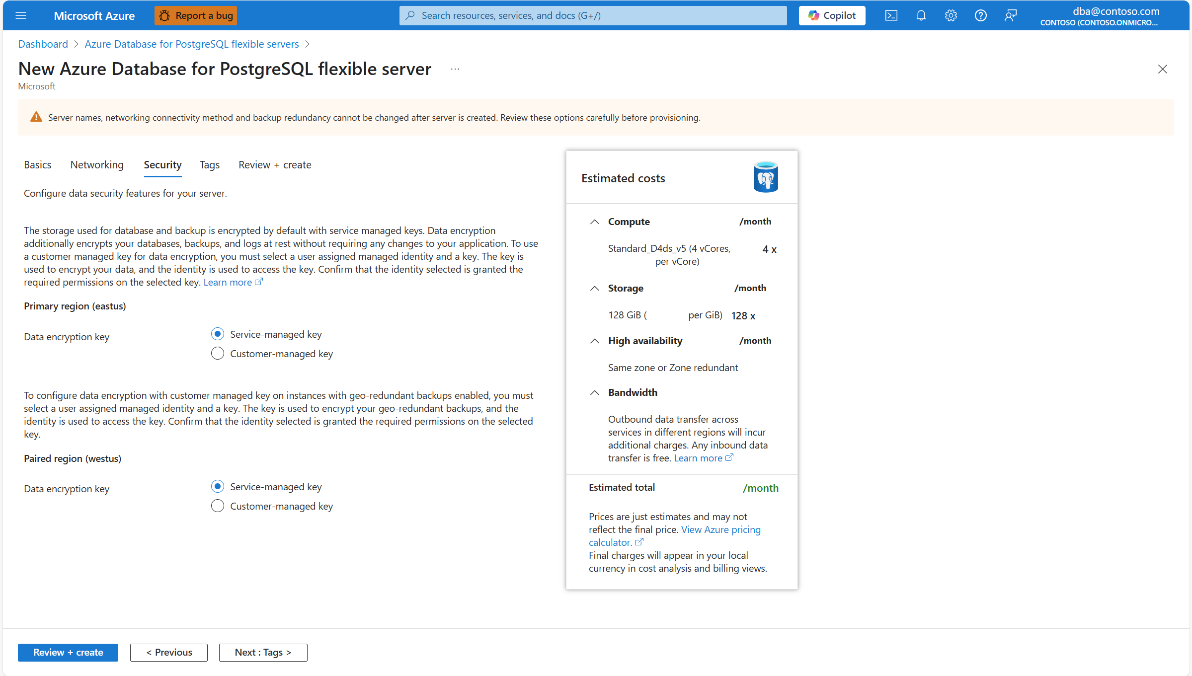 Screenshot that shows how to select the system managed encryption key during server provisioning, when the server is enabled for geo-redundant backup storage.