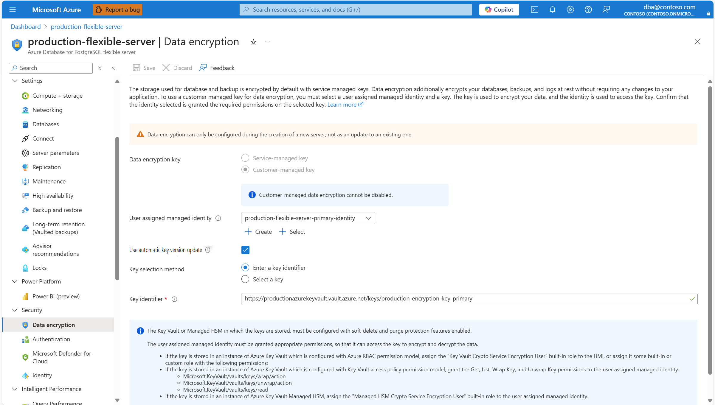 Screenshot that shows how to get to the Data encryption for an existing server.