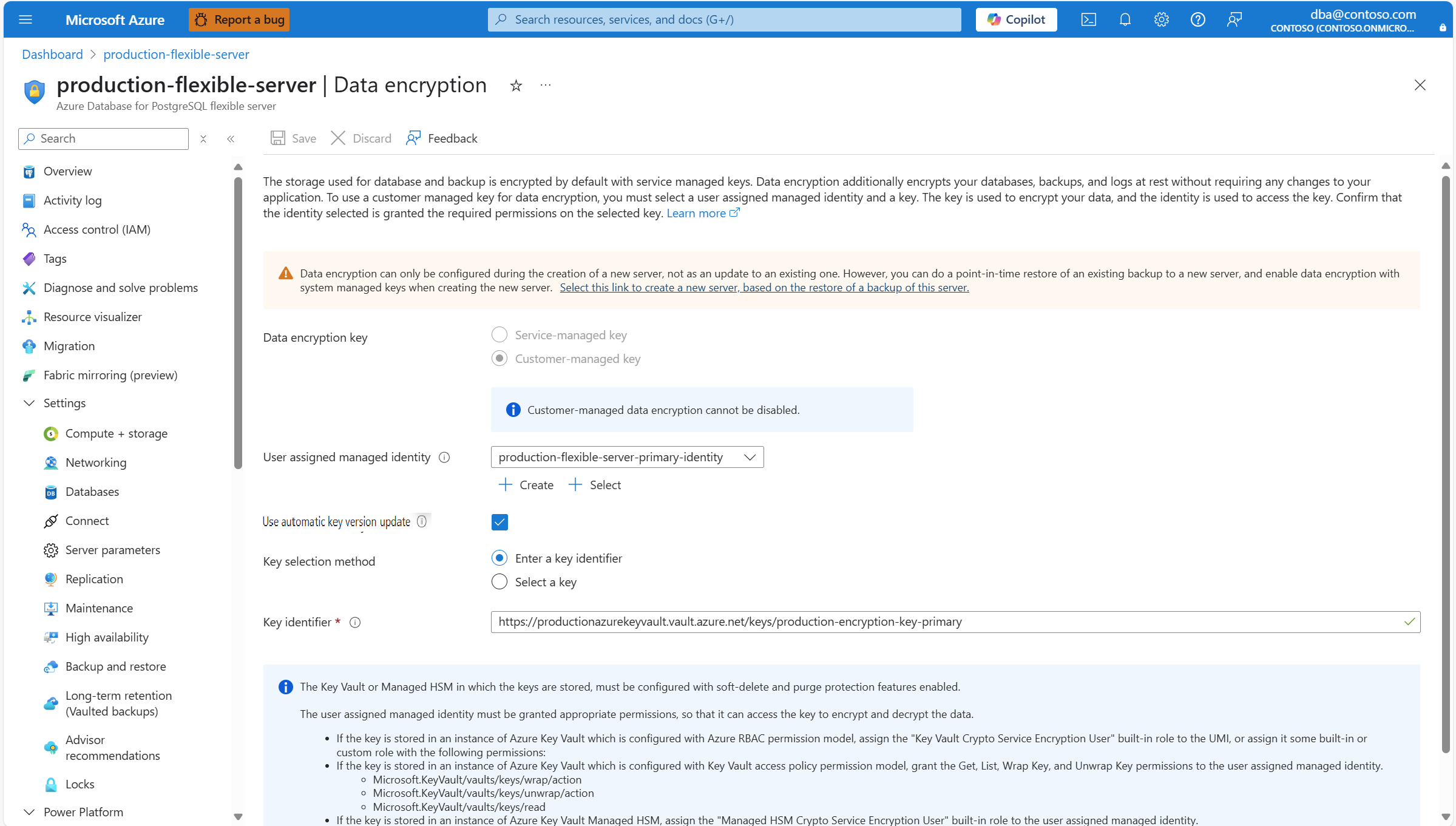 Screenshot that shows where to paste the resource identifier of the new key or new key version that the server must use for data encryption.