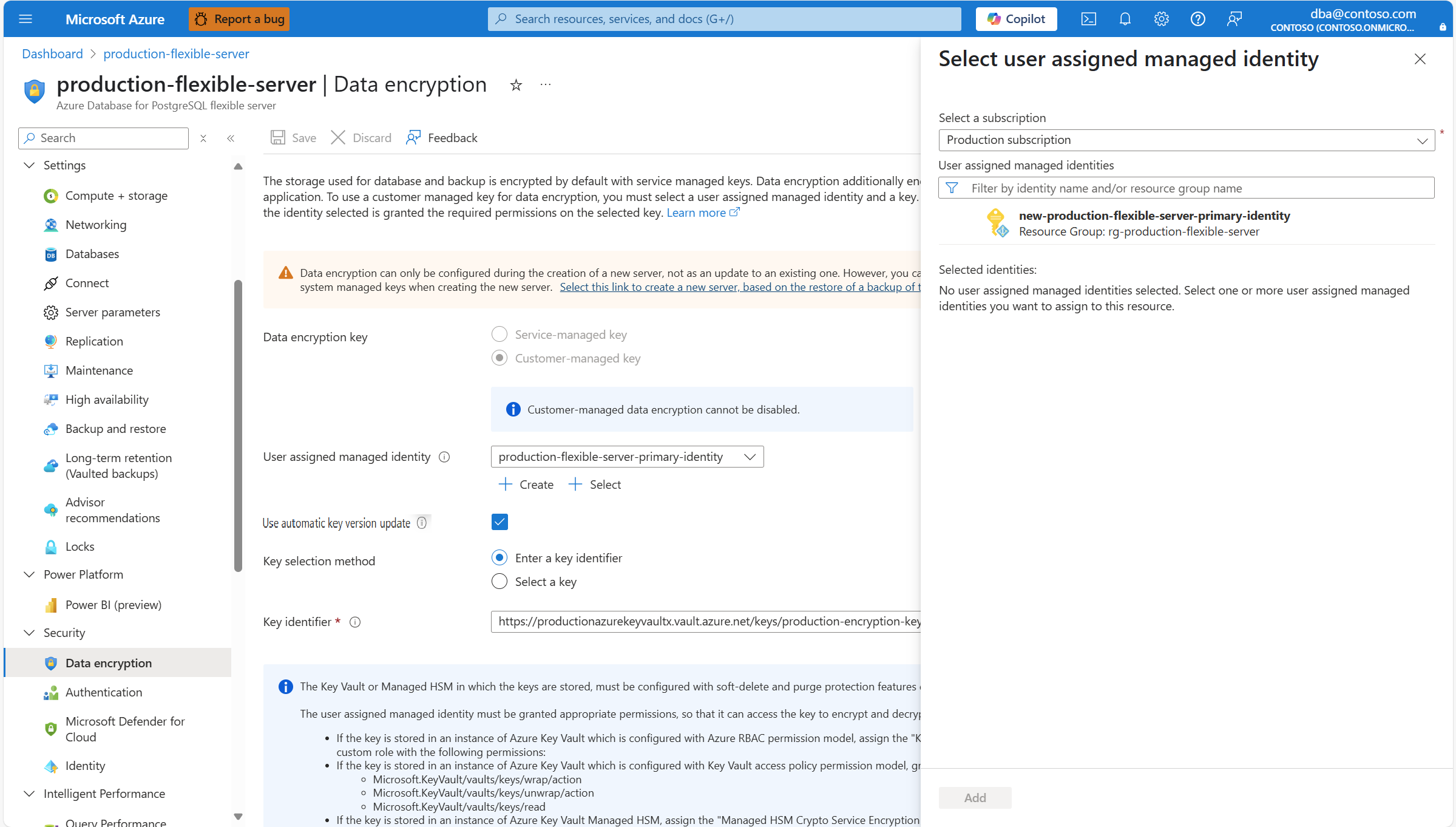 Screenshot that shows how to select an existing user assigned managed identity in Azure and Microsoft Entra ID, automatically assign it to your Azure Database for PostgreSQL flexible server instance, and use it to access the data encryption key.