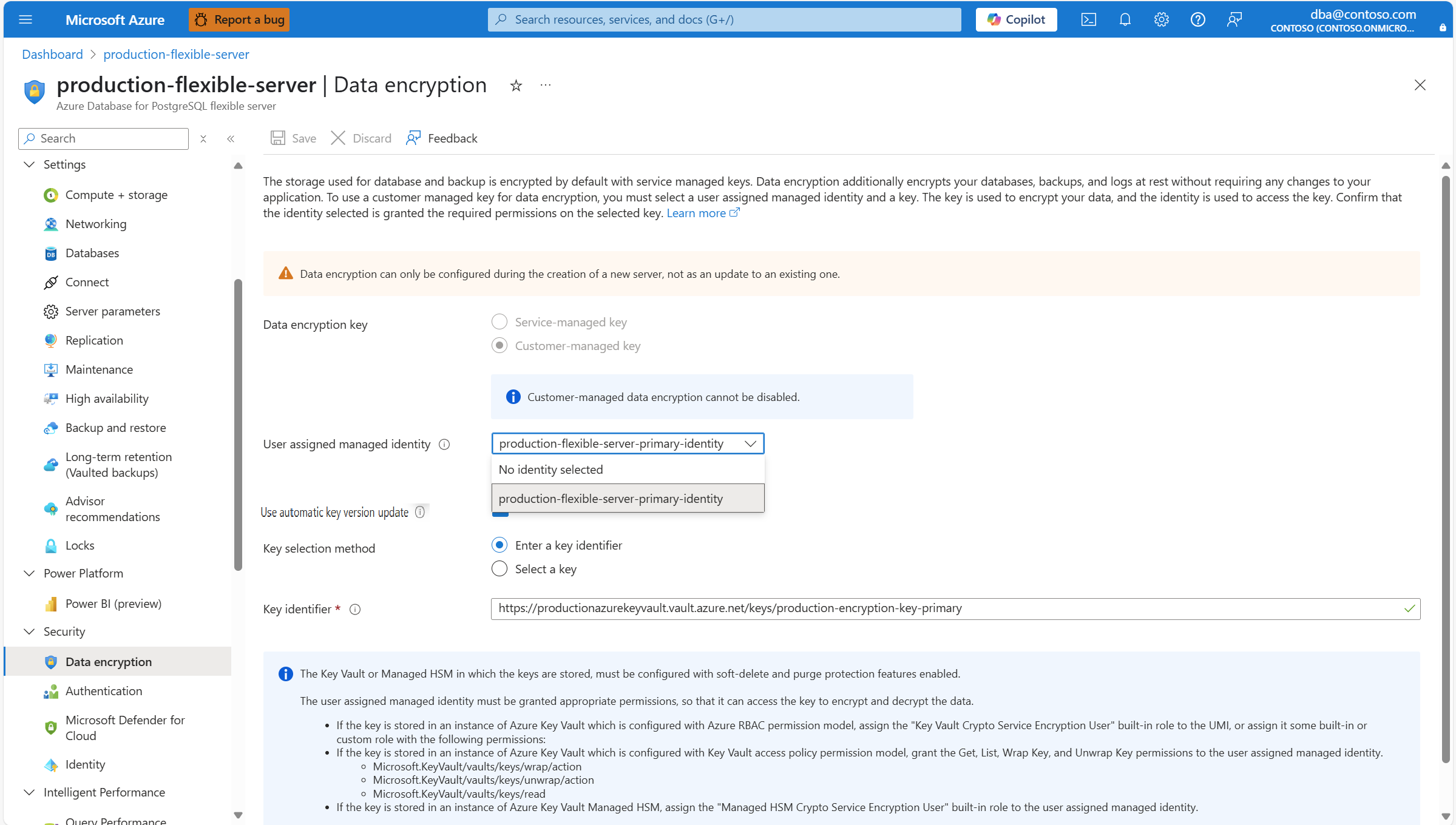 Screenshot that shows how to select one of the user assigned managed identities associated to the server.