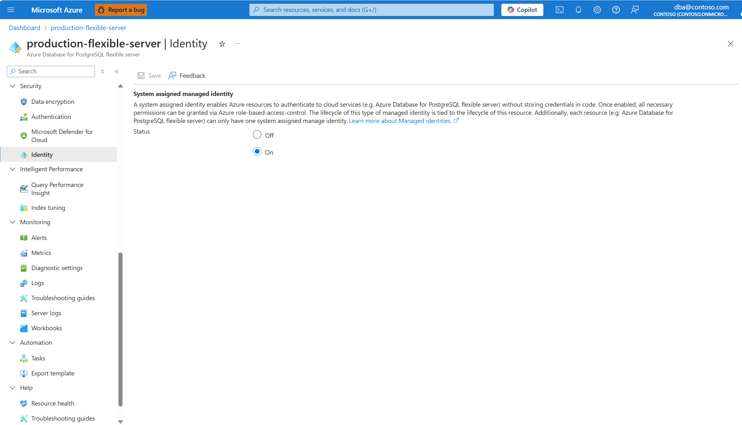 Screenshot that shows the Identity page, under Security, to disable the system assigned managed identity of an Azure Database for PostgreSQL flexible server instance.