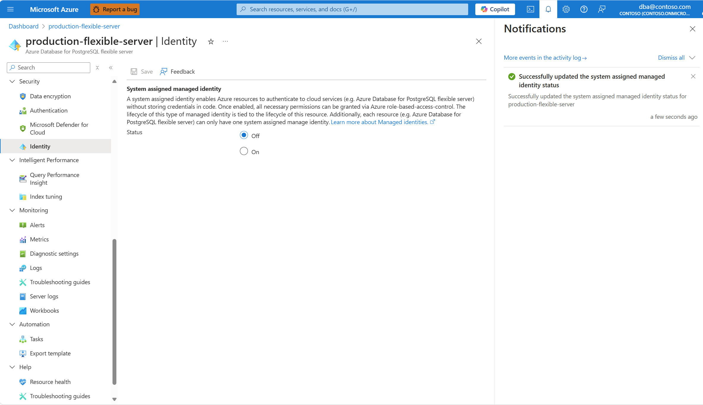 Screenshot that shows the notification informing that the system assigned managed identity is disabled.