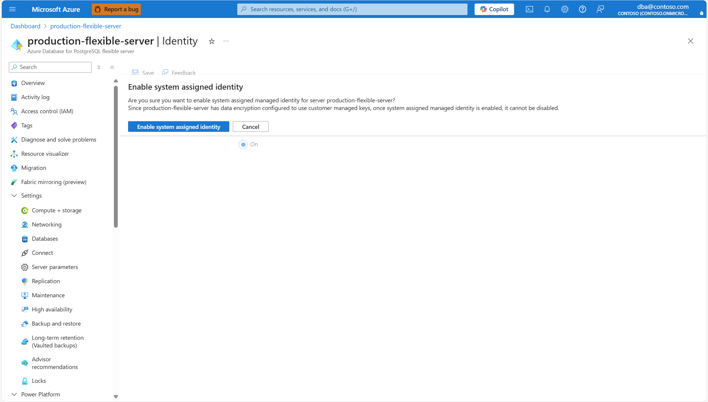 Screenshot that shows the confirmation dialog shown when the data encryption of the server is configured to use customer managed keys.