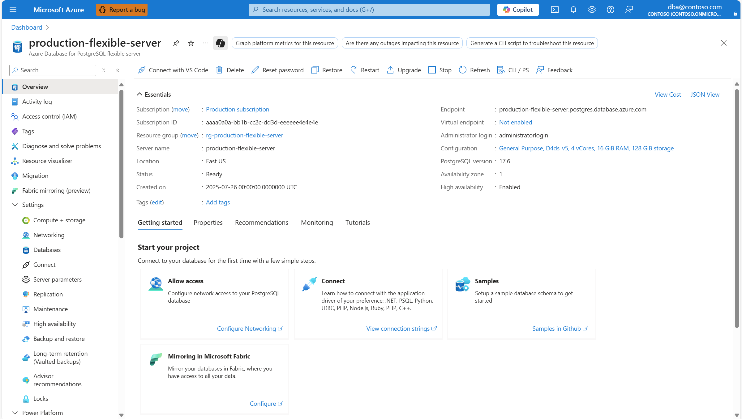 Screenshot that shows the Overview page of an Azure Database for PostgreSQL flexible server instance.