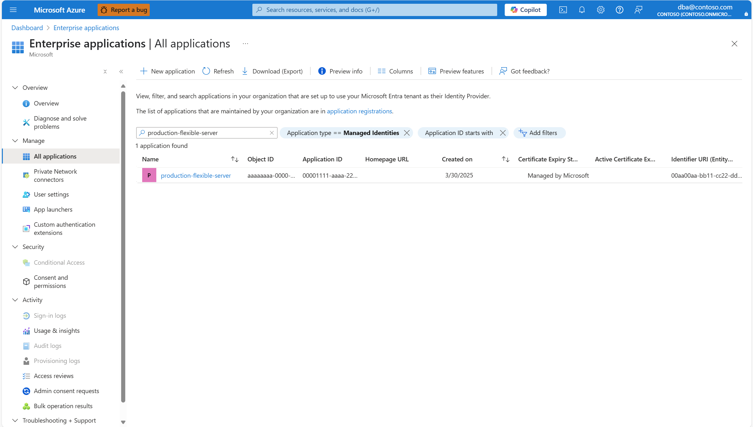 Screenshot that shows how to search for a managed identity using the Enterprise applications service interface in the Azure portal.