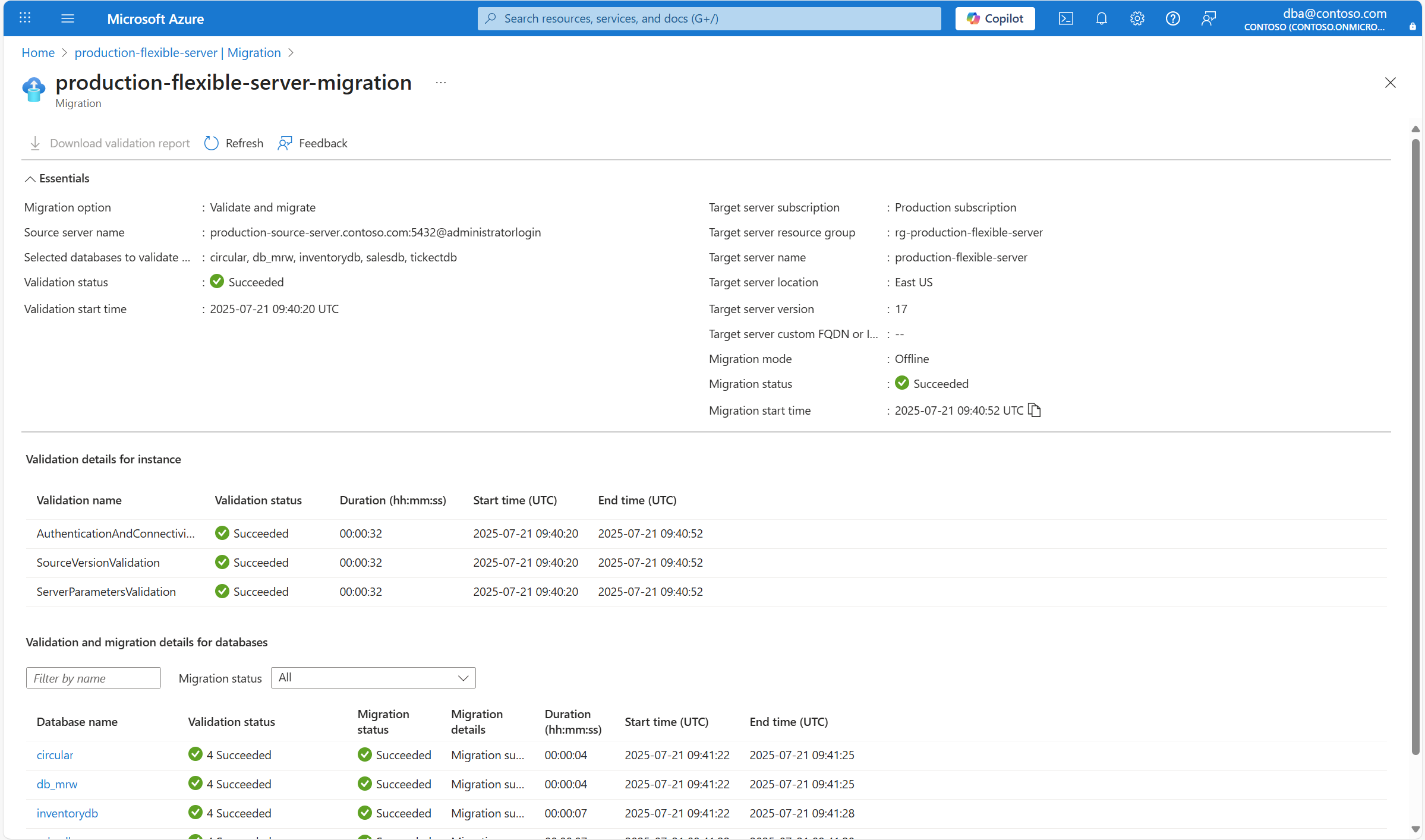 Screenshot of the details showing validation and migration.