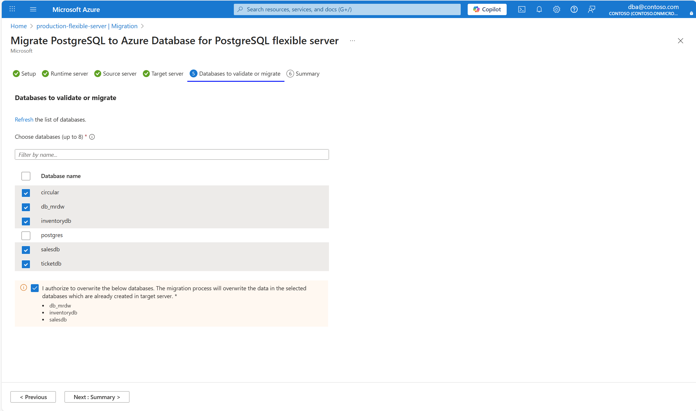 Screenshot of the Databases to validate or migrate  migration tab.