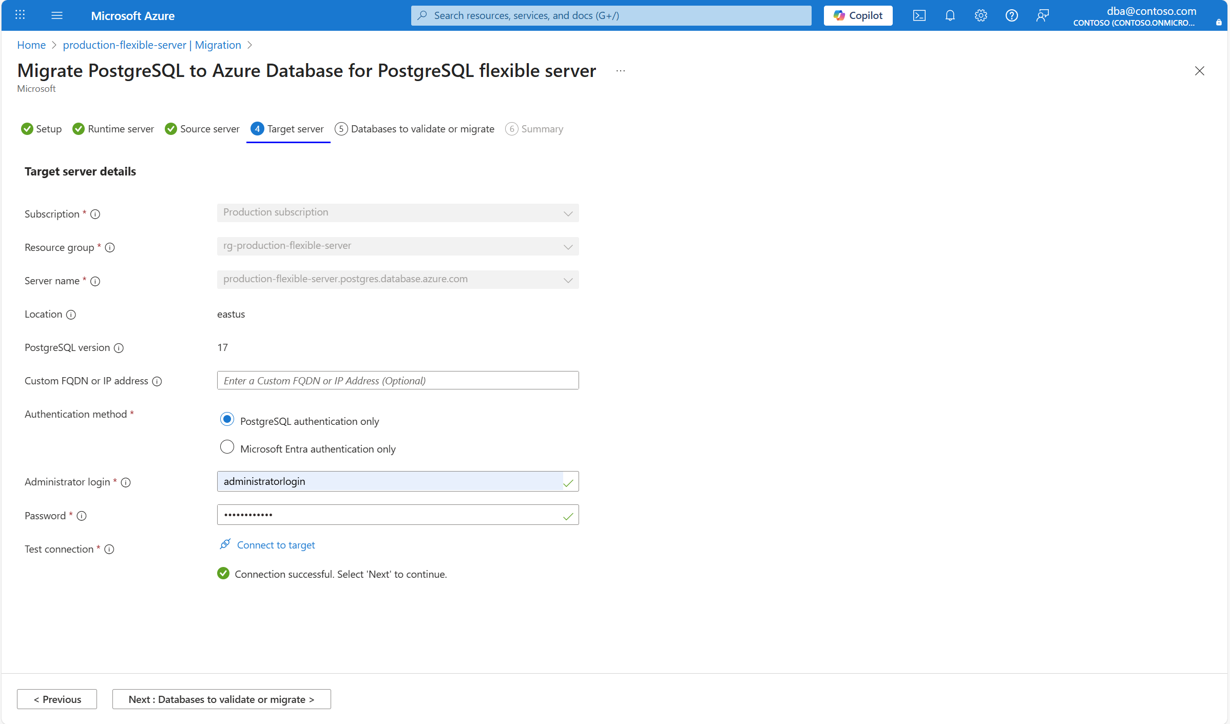 Screenshot of the Target server migration tab.