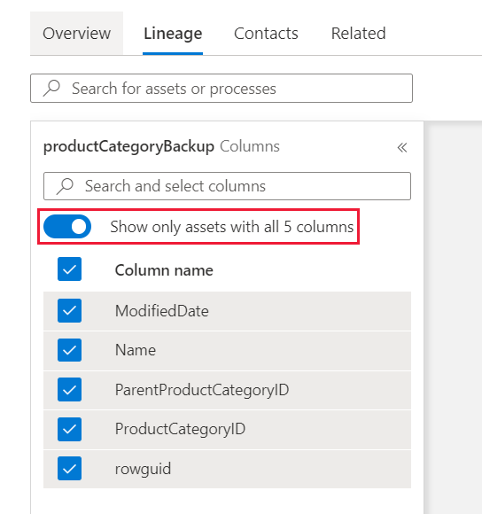 Screenshot showing how to use the toggle to filter the list of nodes on the lineage page.