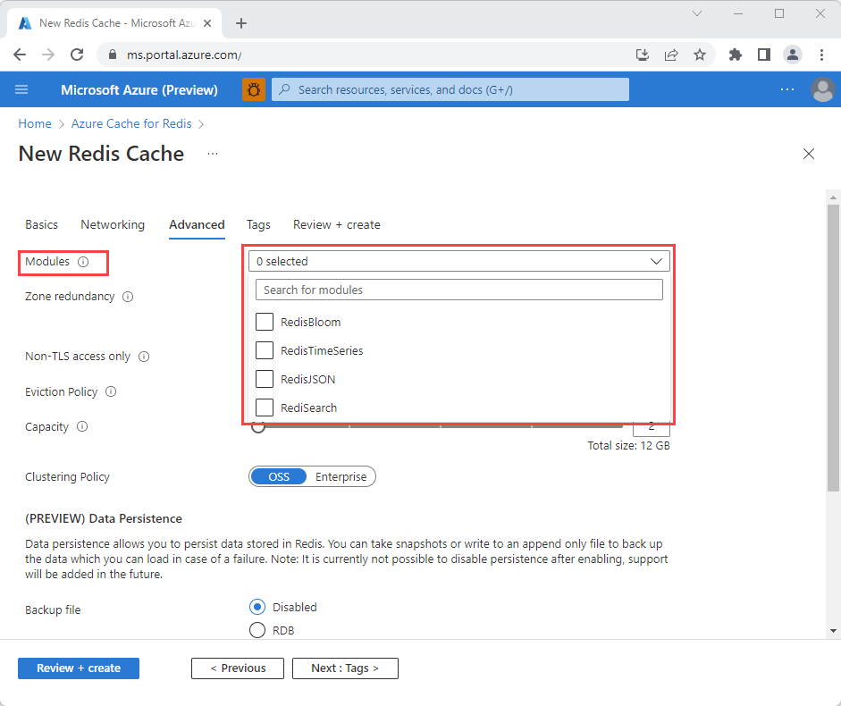 Screenshot of advanced tab showing a list of modules to add to a new cache.