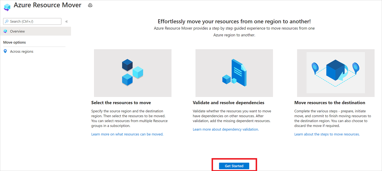 Screenshot displays button to add resources to move to another region.