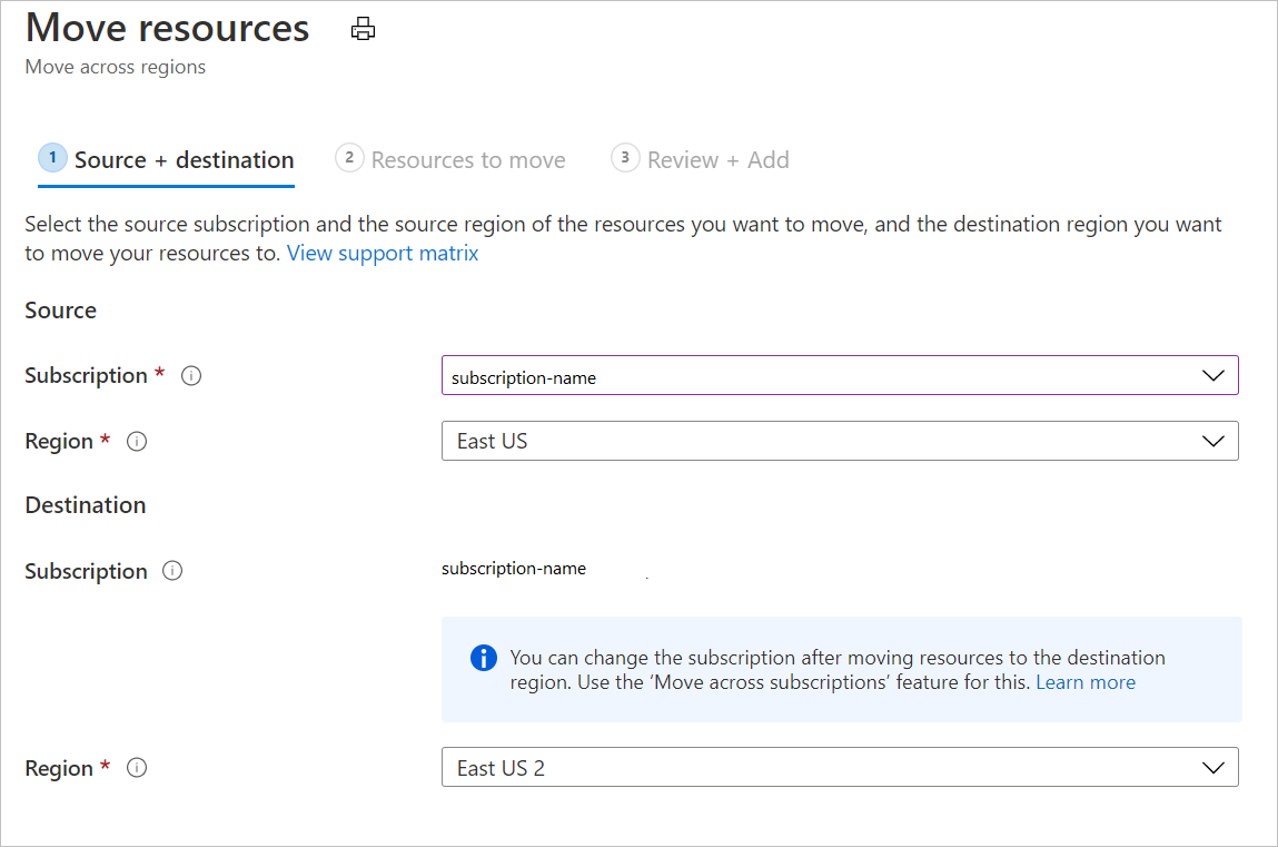 Screenshot displays page to select source and destination region.
