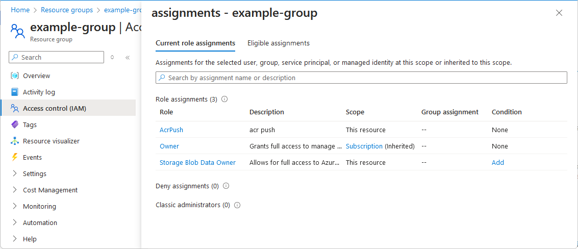 Screenshot of role and deny assignments pane.