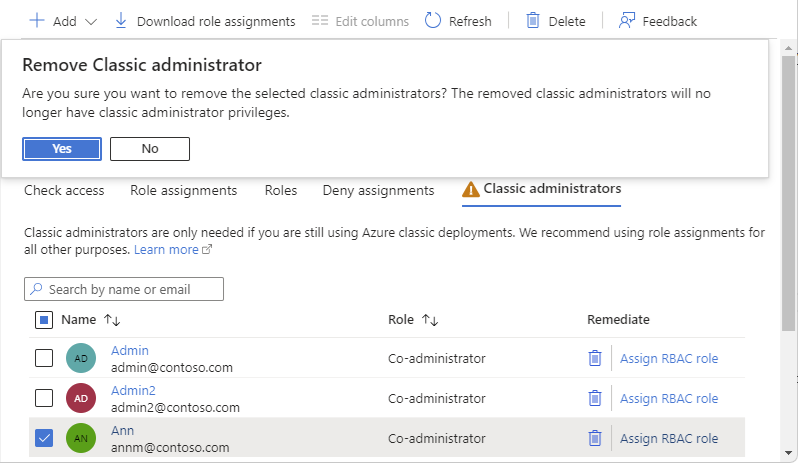 Screenshot of message box when removing a Co-Administrator.