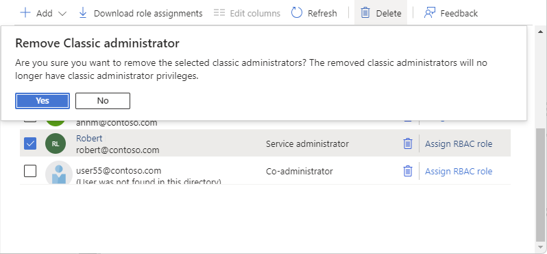 Screenshot of remove classic administrator message when removing a Service Administrator.