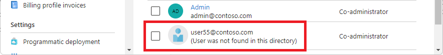 Screenshot of user not found in directory and with Co-Administrator role.