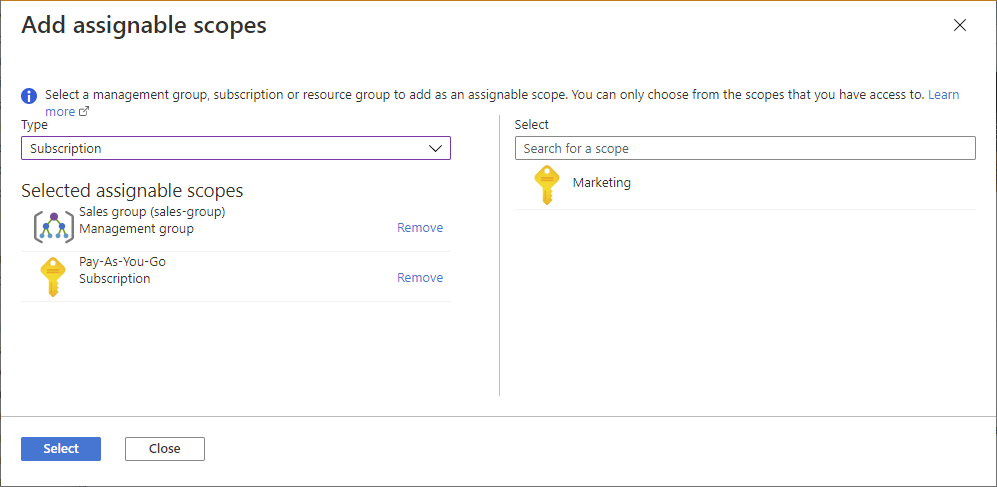 Screenshot of Add assignable scopes.