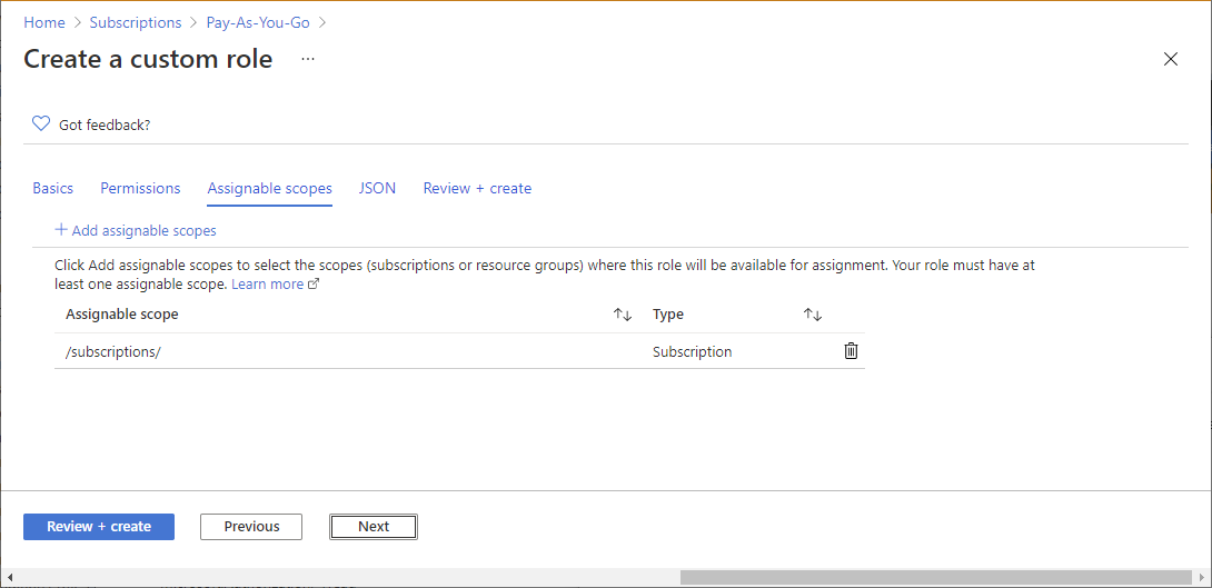 Screenshot of Assignable scopes tab.
