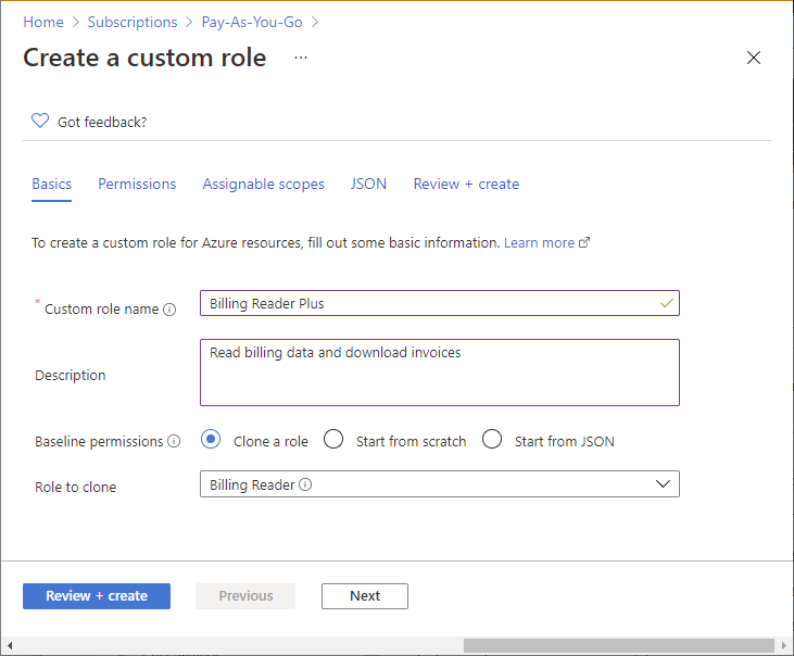 Screenshot of Basics tab with values specified.