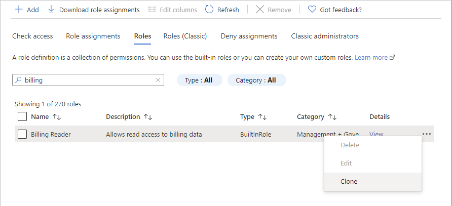 Screenshot of Clone context menu.