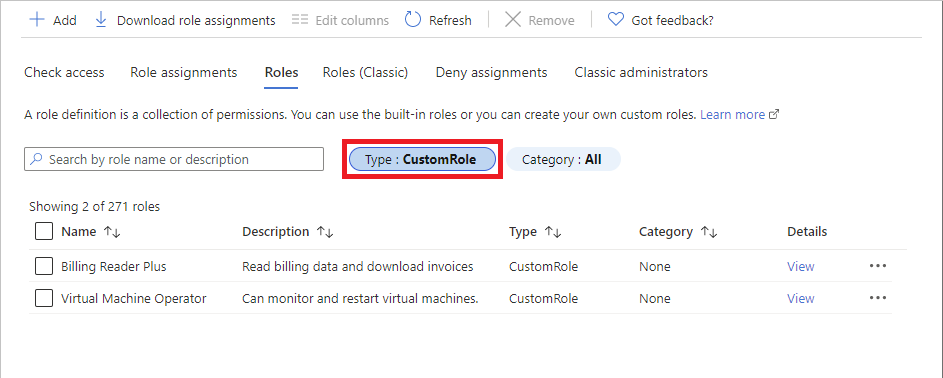Screenshot of custom role list