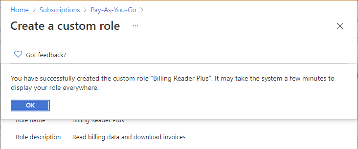 Screenshot of create custom role message.