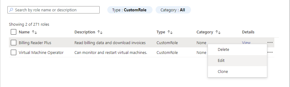 Screenshot of Custom role menu.
