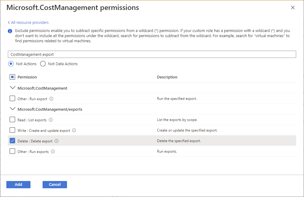 Screenshot of Exclude permissions pane with permission selected.