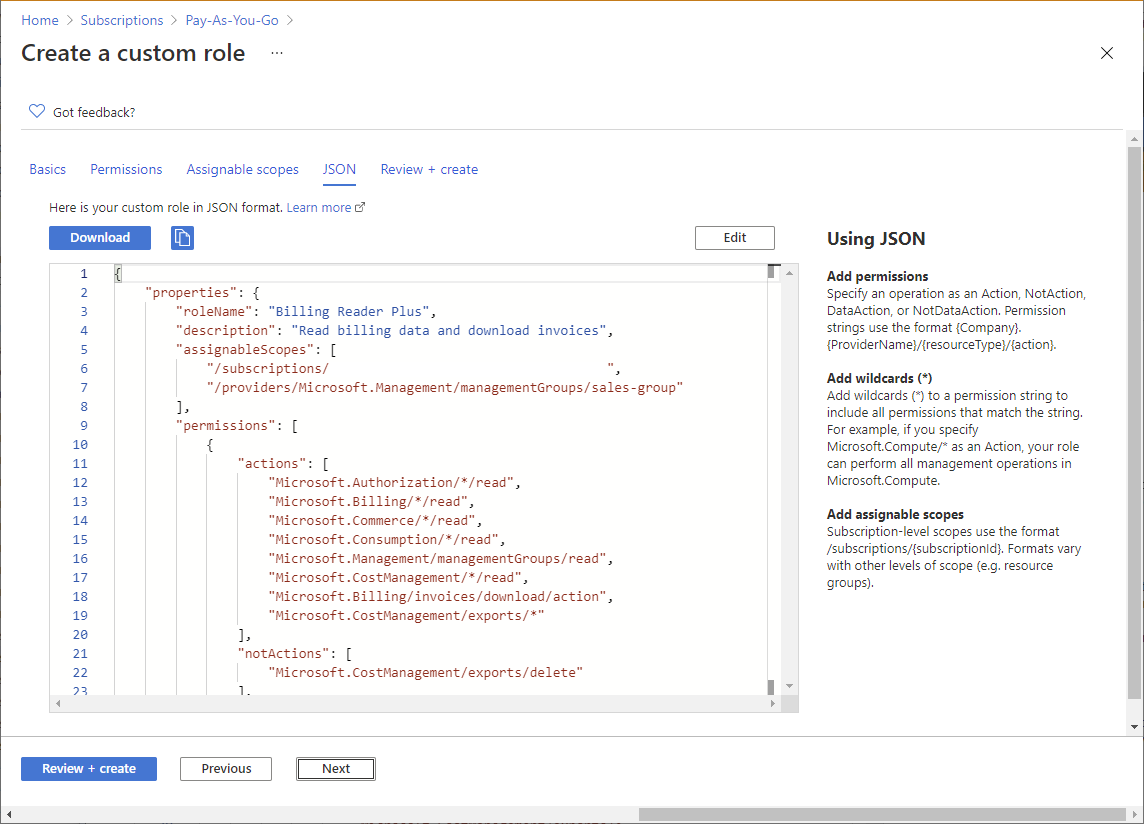 Screenshot of JSON tab showing custom role.