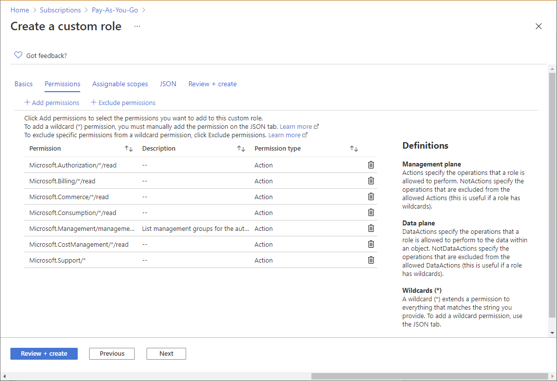 Screenshot of Permissions tab for create custom role.