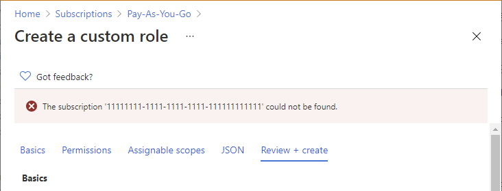 Screenshot of Review + create error.
