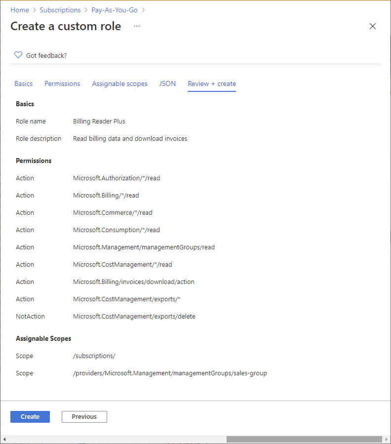 Screenshot of Review + create tab.