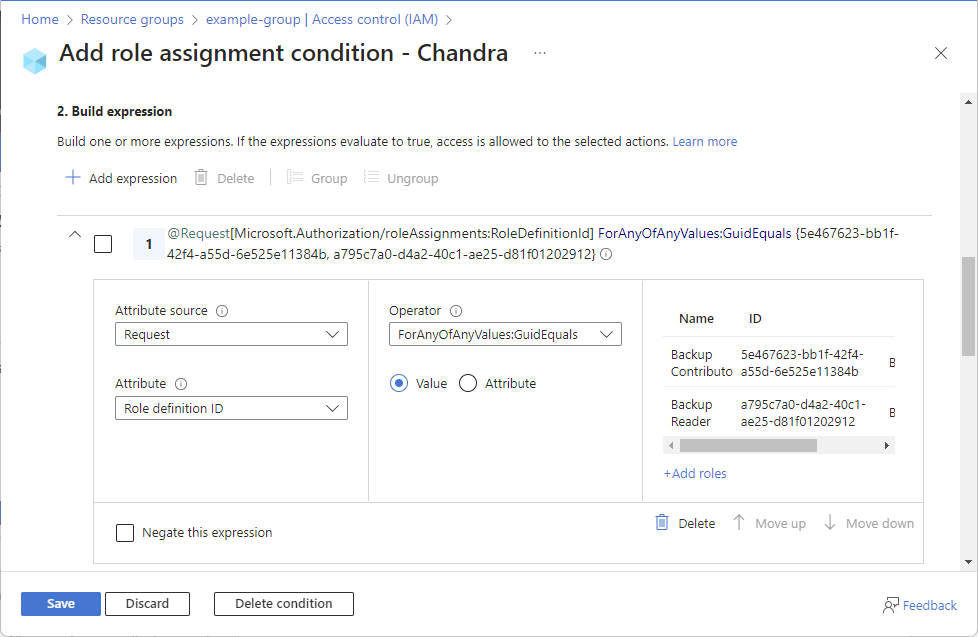 Screenshot of condition editor that shows options to edit build expression.