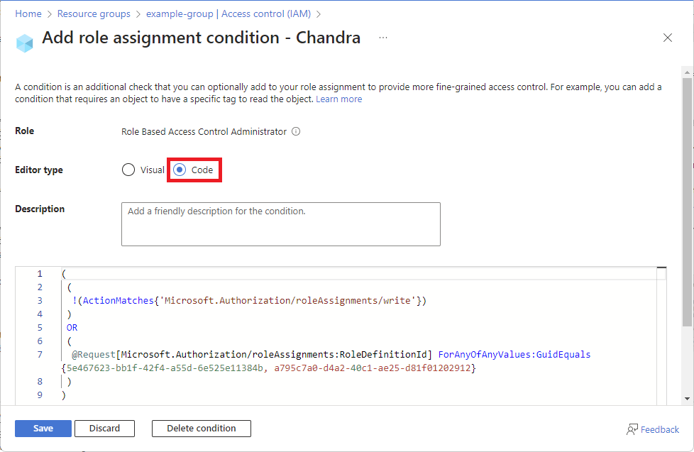 Screenshot of condition editor that shows Code editor type.
