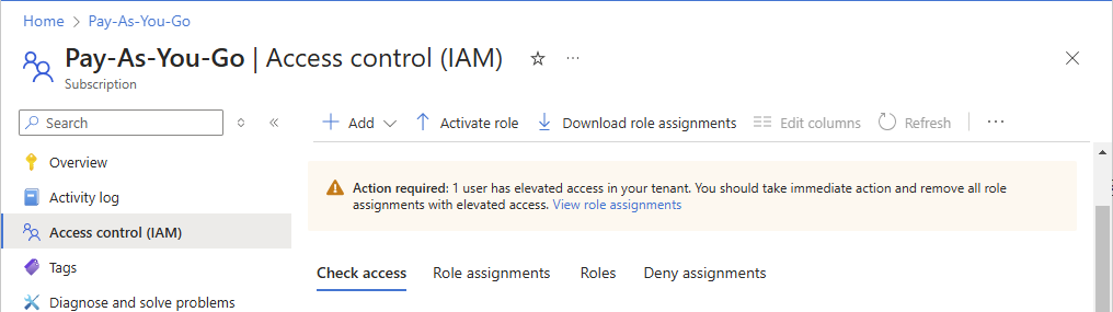 Screenshot of banner on Access control (IAM) page that indicates there are users with elevated access.