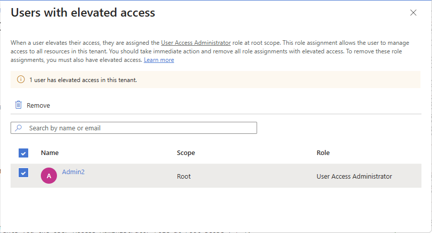Screenshot of Users with elevated access pane that lists users with elevated access.
