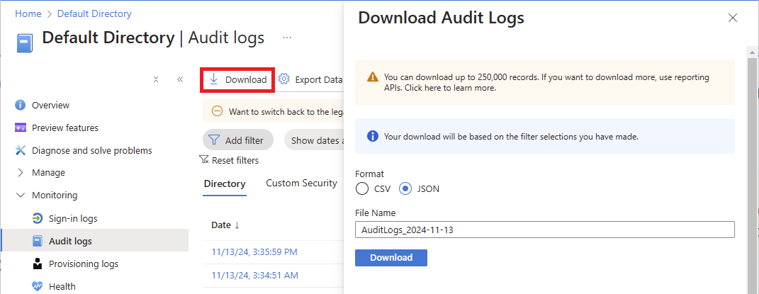 Screenshot of directory audit logs that shows the Download Audit Logs pane to download logs.
